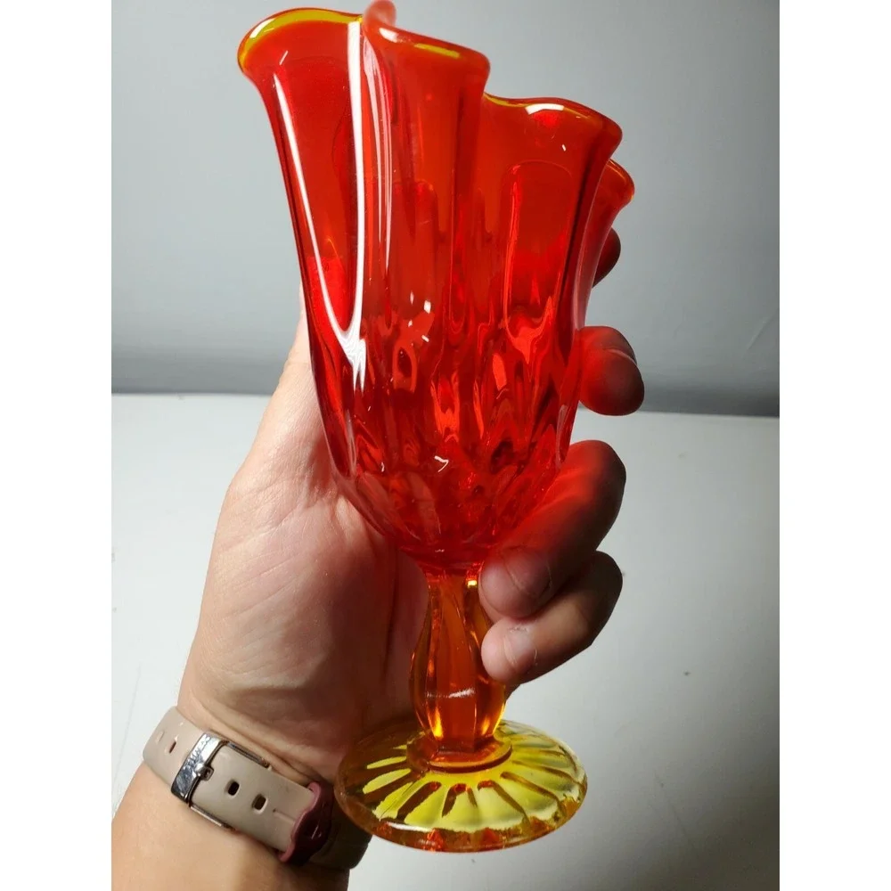 Vintage Fenton Glass Epic Petal Persimmon‎ Swung Stretch Vase/Compote/Bowl
